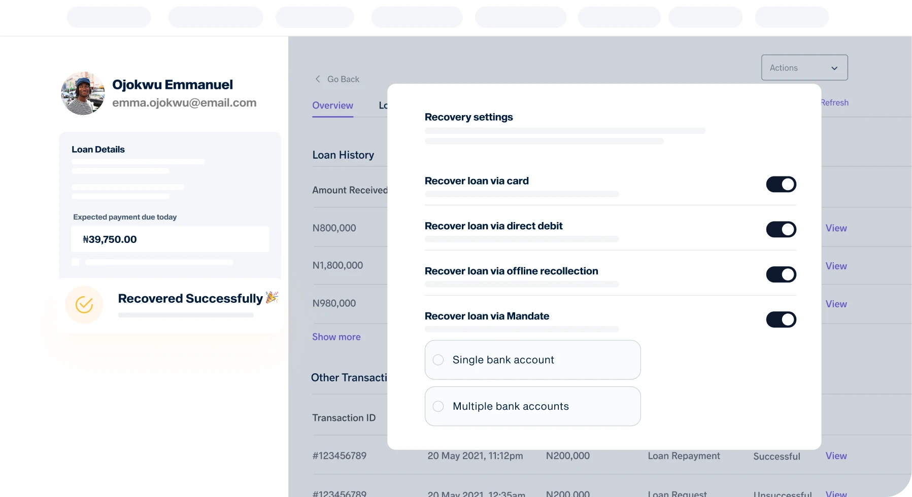 Customer recovery settings page